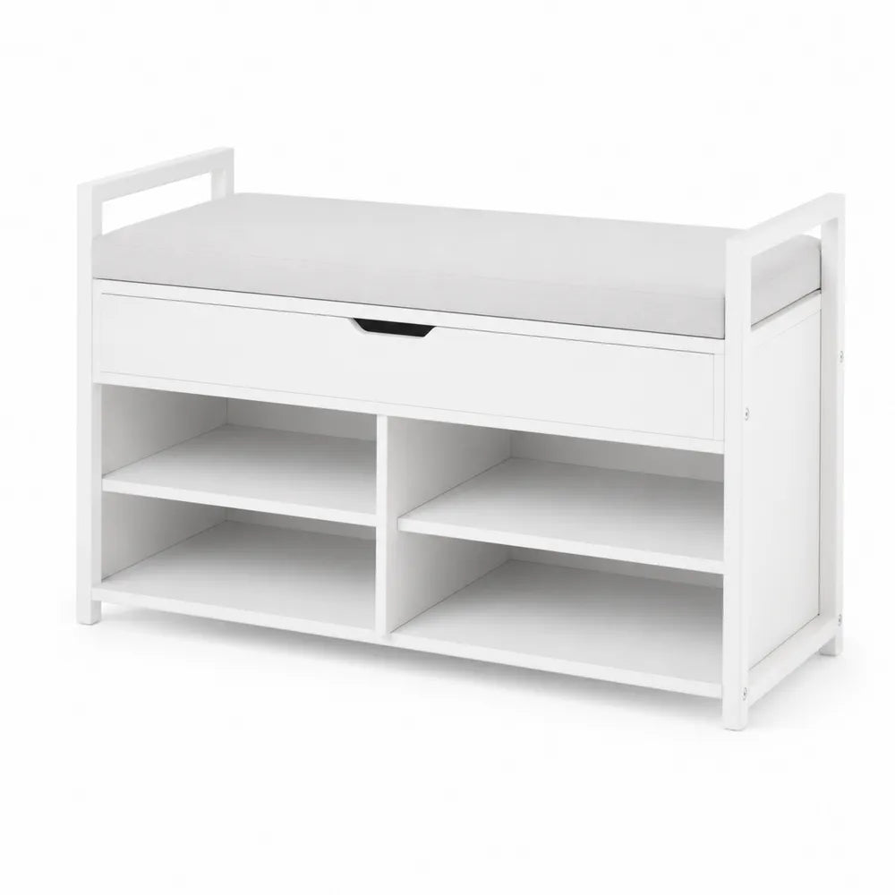 Banc de rangement en bois blanc avec coussin