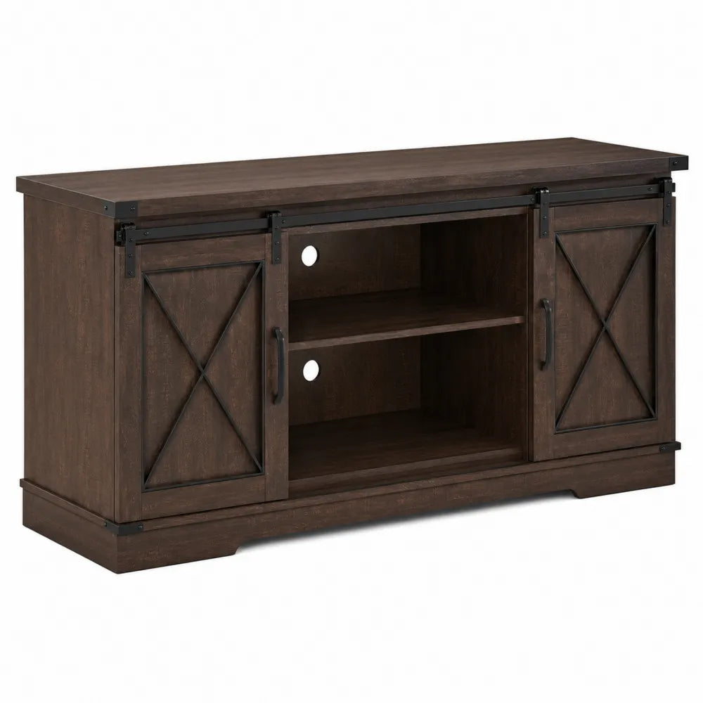Meuble TV en bois avec portes coulissantes et cadre m¨¦tallique 140x40x60