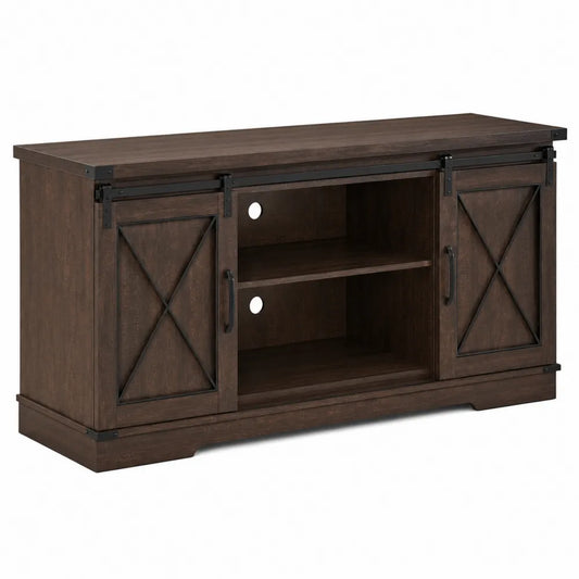 Meuble TV en bois avec portes coulissantes et cadre m¨¦tallique 140x40x60