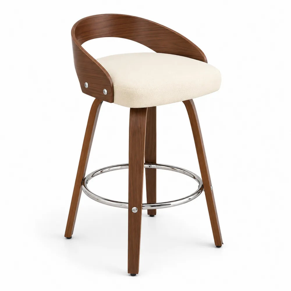 Tabouret de bar en bois et tissu beige, hauteur 97