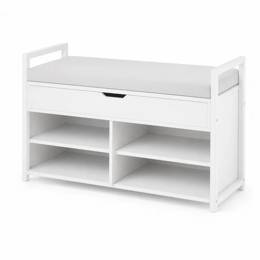 Banc de rangement en bois blanc avec coussin