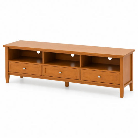 Meuble TV en bois de pin marron clair avec tiroirs et ¨¦tag¨¨res 180