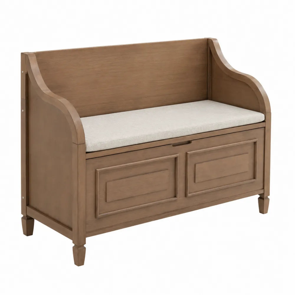Banc de salon en bois avec coussin beige et espace de rangement 105x50x90