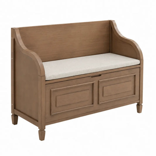 Banc de salon en bois avec coussin beige et espace de rangement 105x50x90